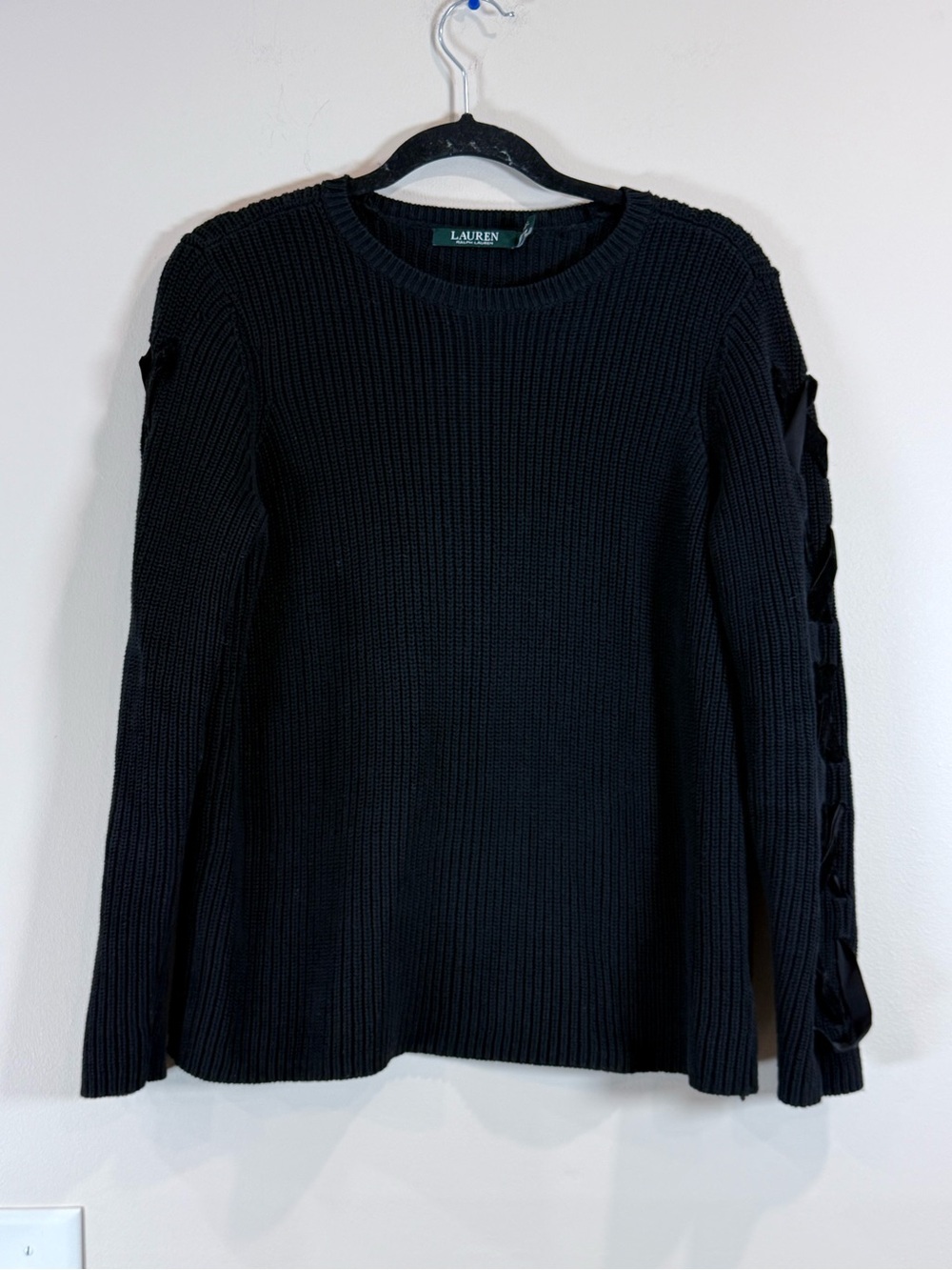 🔥Ralph Lauren Women’s Black Knit Sweater with Lace-Up Sleeve Size M EC🔥